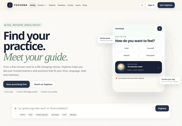 YogVana website homepage screenshot
